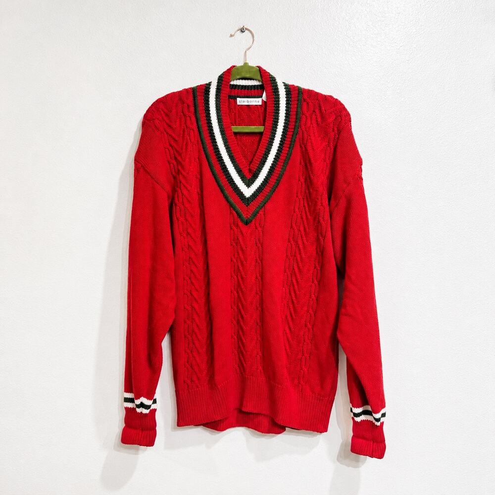 Claiborne Red Cable Knit V Neck Varsity Sweater Sz M